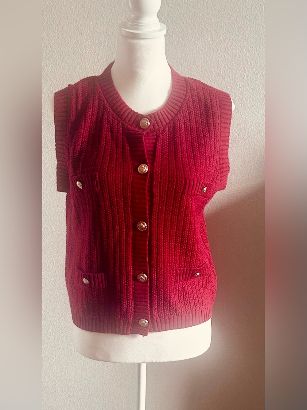 Red Sleeveless Sweater Vest with Gold Buttons NWT Sz Large